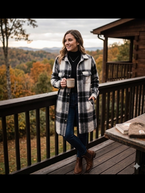 Jackets & Blazers - Alina's Exclusives Black & White Plaid Flannel Shacket - Size M